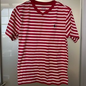 Polo Ralph Lauren T Shirt Medium Pink White Stripe V Neck large